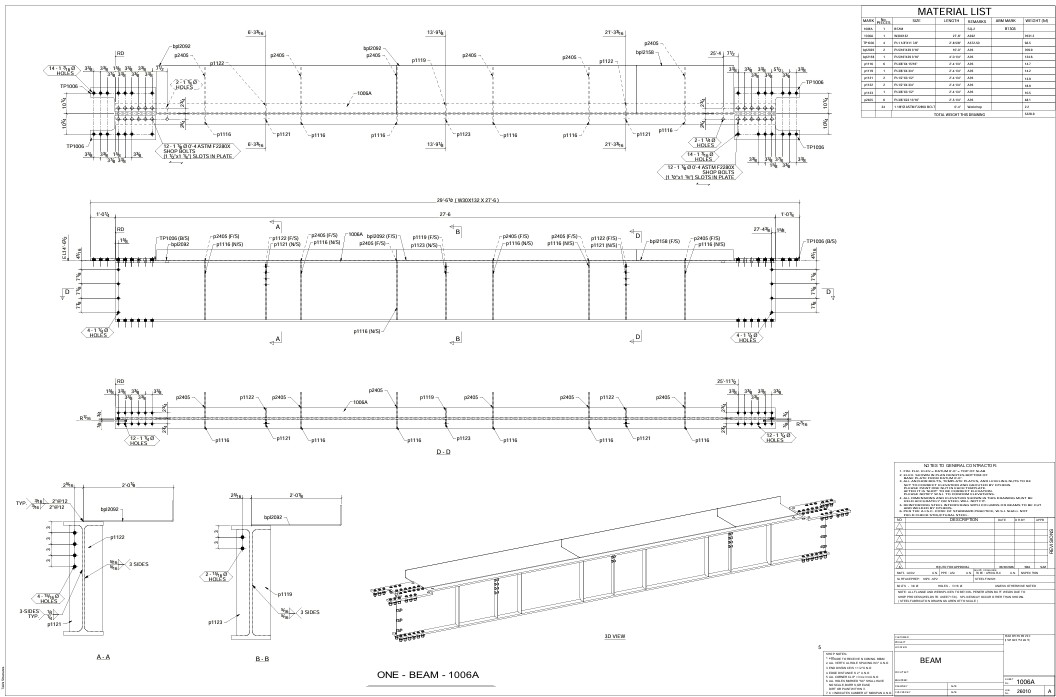 NARVYN beam shop drawing with plate details, section cuts, 3D view and material list