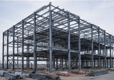Multi-storey steel skeleton under construction in daylight