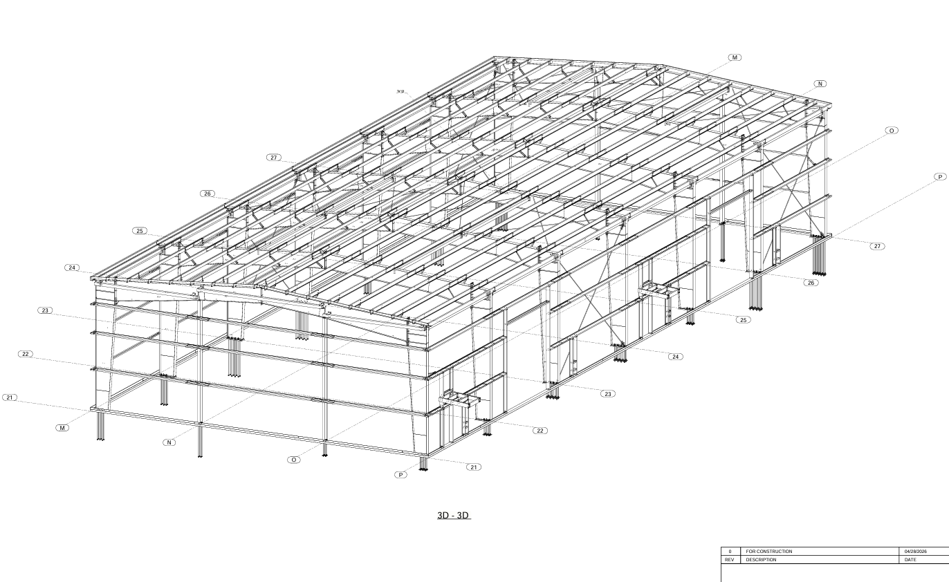NARVYN pre-engineered metal building 3D model with primary frames, purlins and bracing