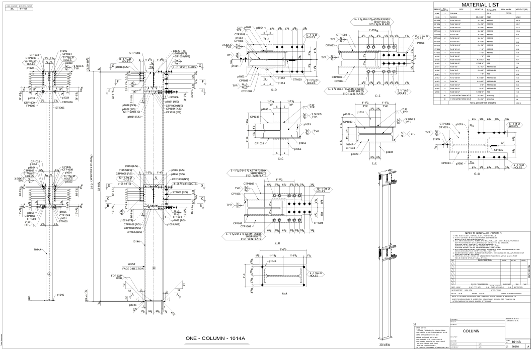 NARVYN column shop drawing with continuity plates, connection details and material list