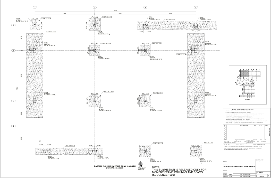 NARVYN partial column layout plan with grid lines, base plates and setting elevations