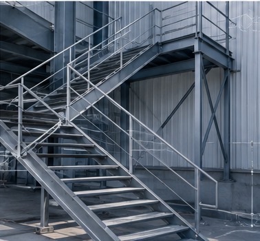 Erected steel stair and access platform with stringers, treads and handrails
